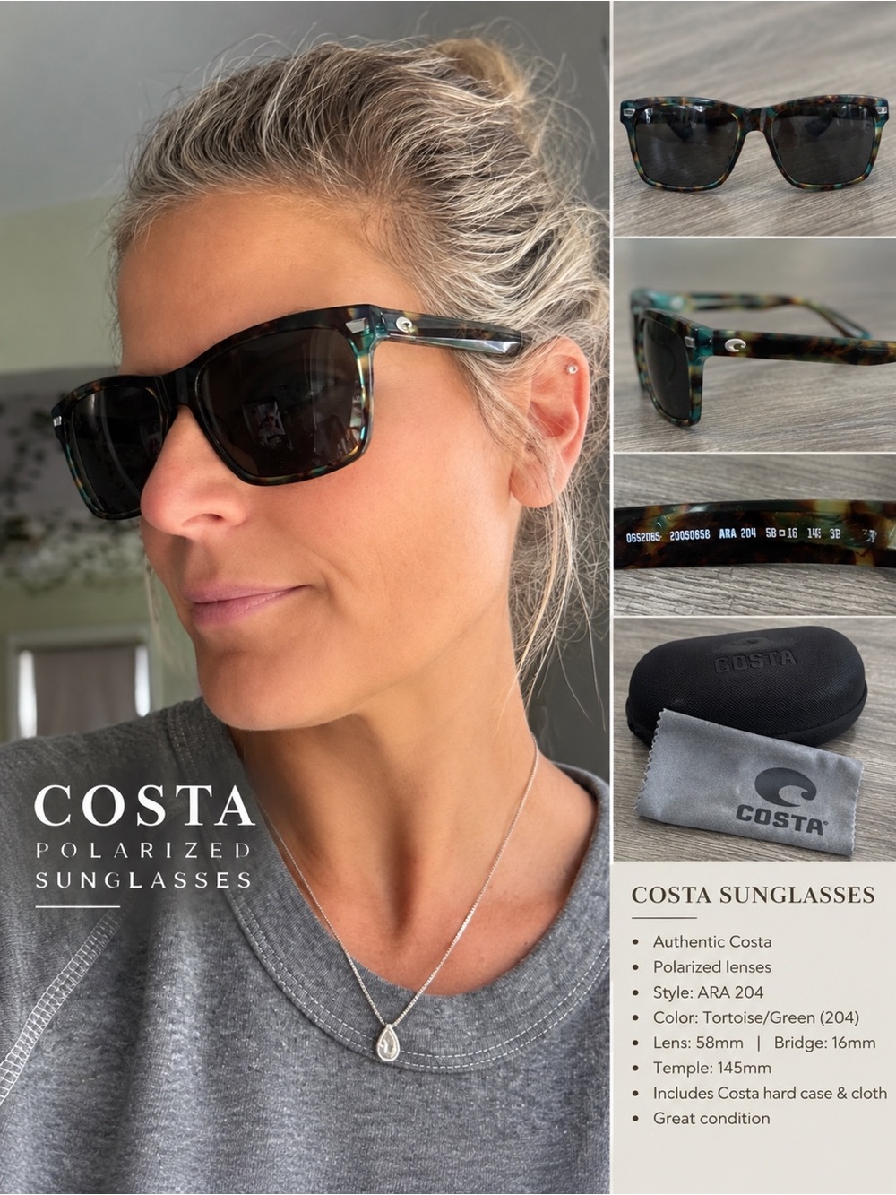 Costa Women's Tortoise Frame Sunglasses with Green Accents